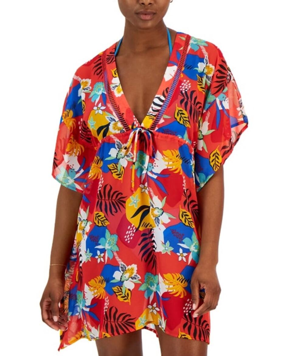 Miken Swim Women's Cinched Waist Kimono in Red Paradise Pinkhoney Bee
